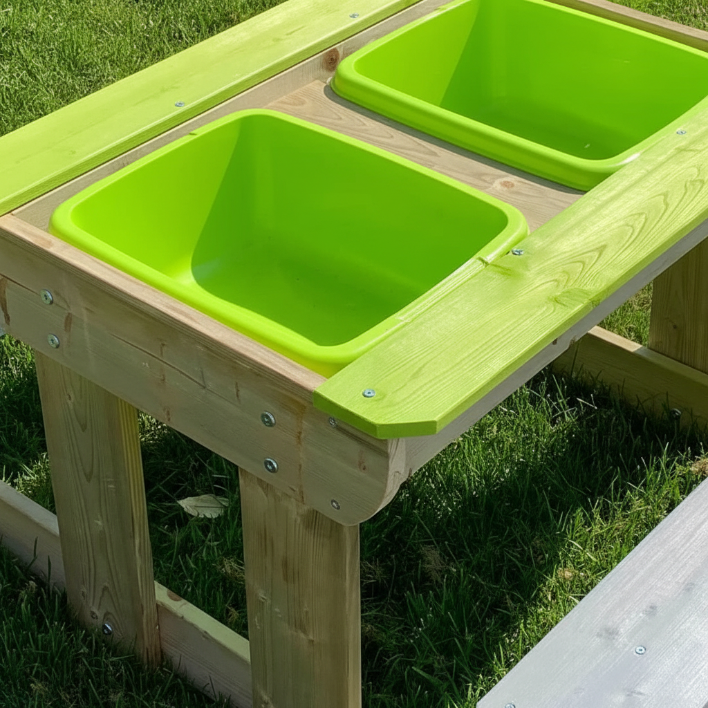 Tavolo da gioco con vasche verdi e accessori colorati