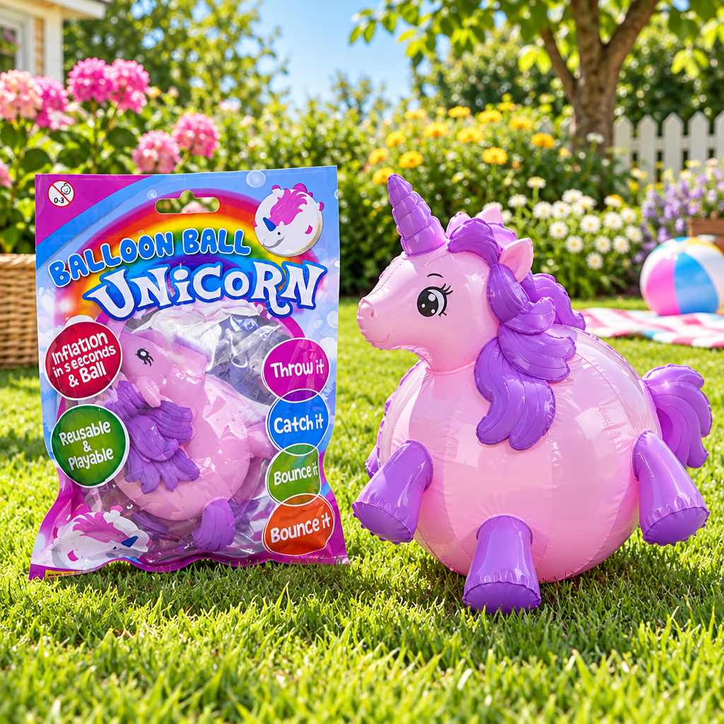 Palloncino unicorno viola e rosa pronto per giocare all'aperto con la confezione