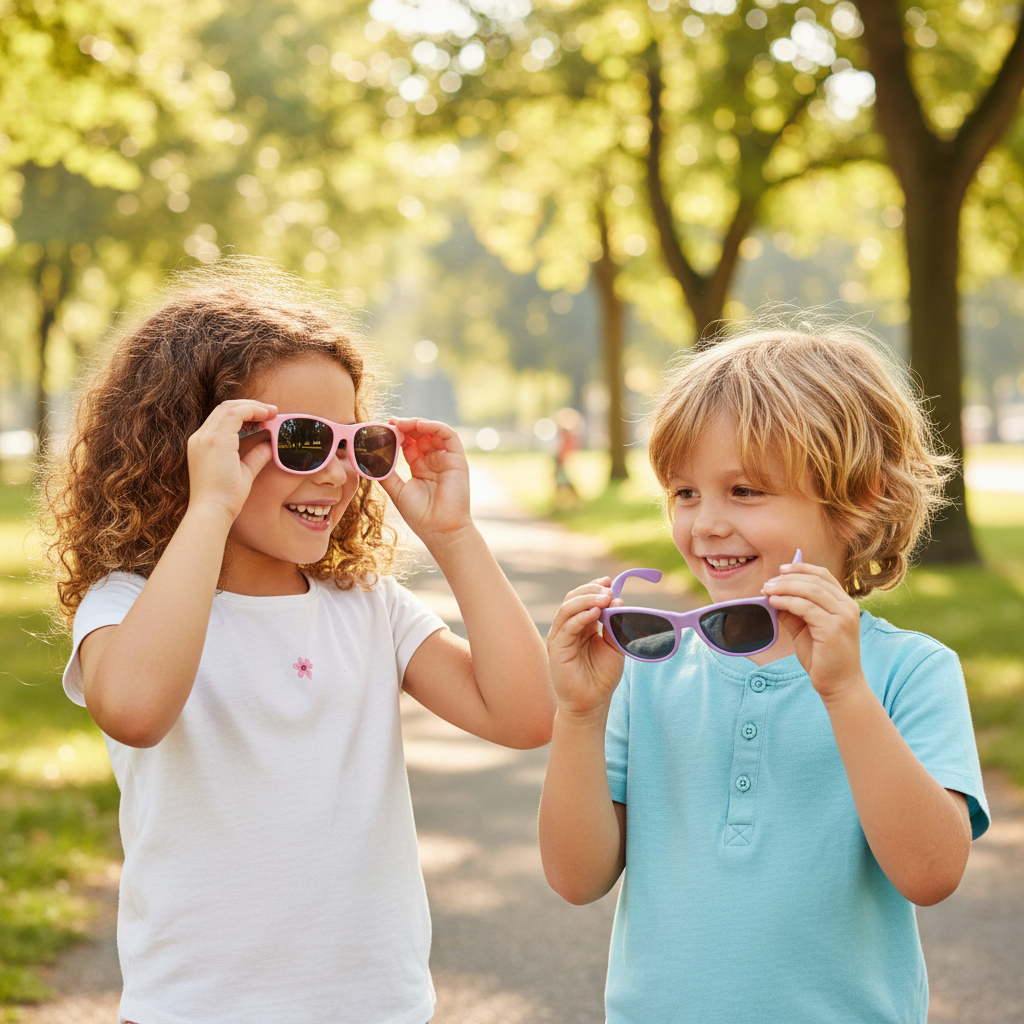 Due bambini confrontano occhiali Lilo & Stitch rosa e viola