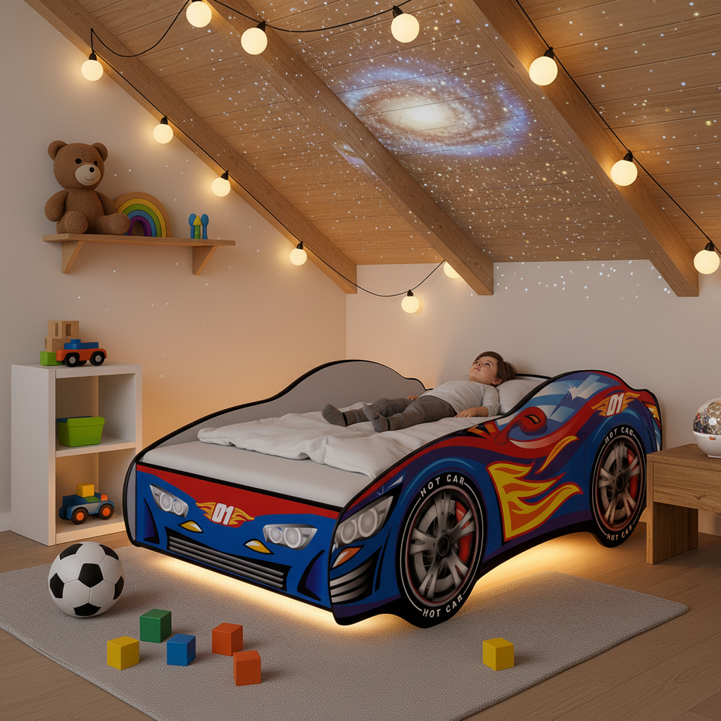 Letto Hotrace 01 mansarda soffitto inclinato luci stelle FOTOREALISTICO