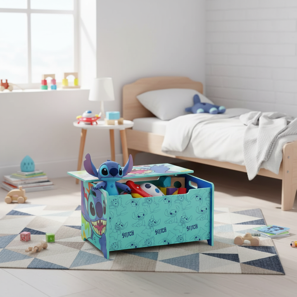 Portagiochi legno Disney Lilo & Stitch in cameretta moderna con giocattoli organizzati