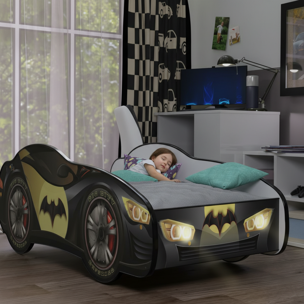Letto macchina Batman con LED in cameretta bambino che dorme