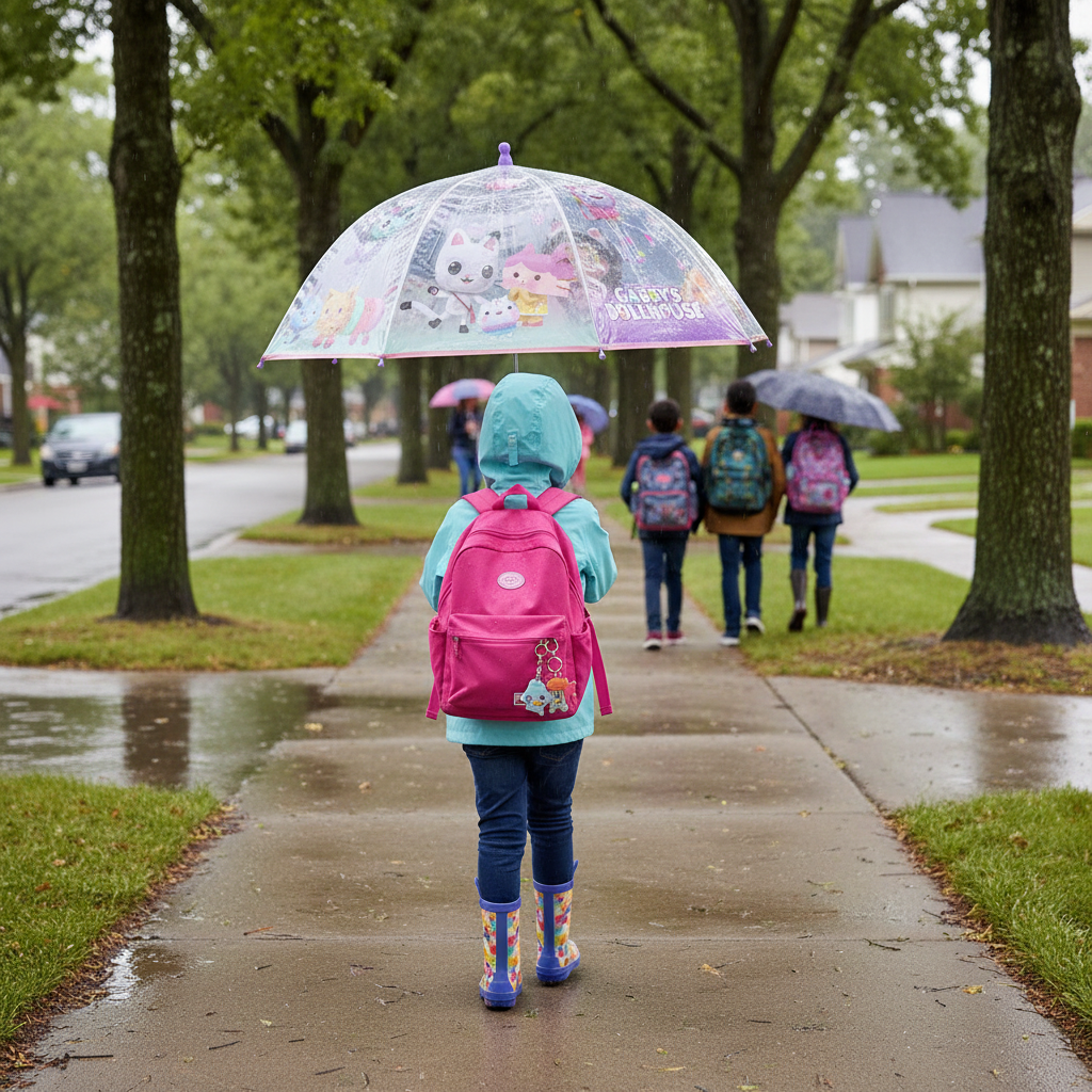 Bambino va a scuola con ombrello Gabby's Dollhouse - lifestyle HD