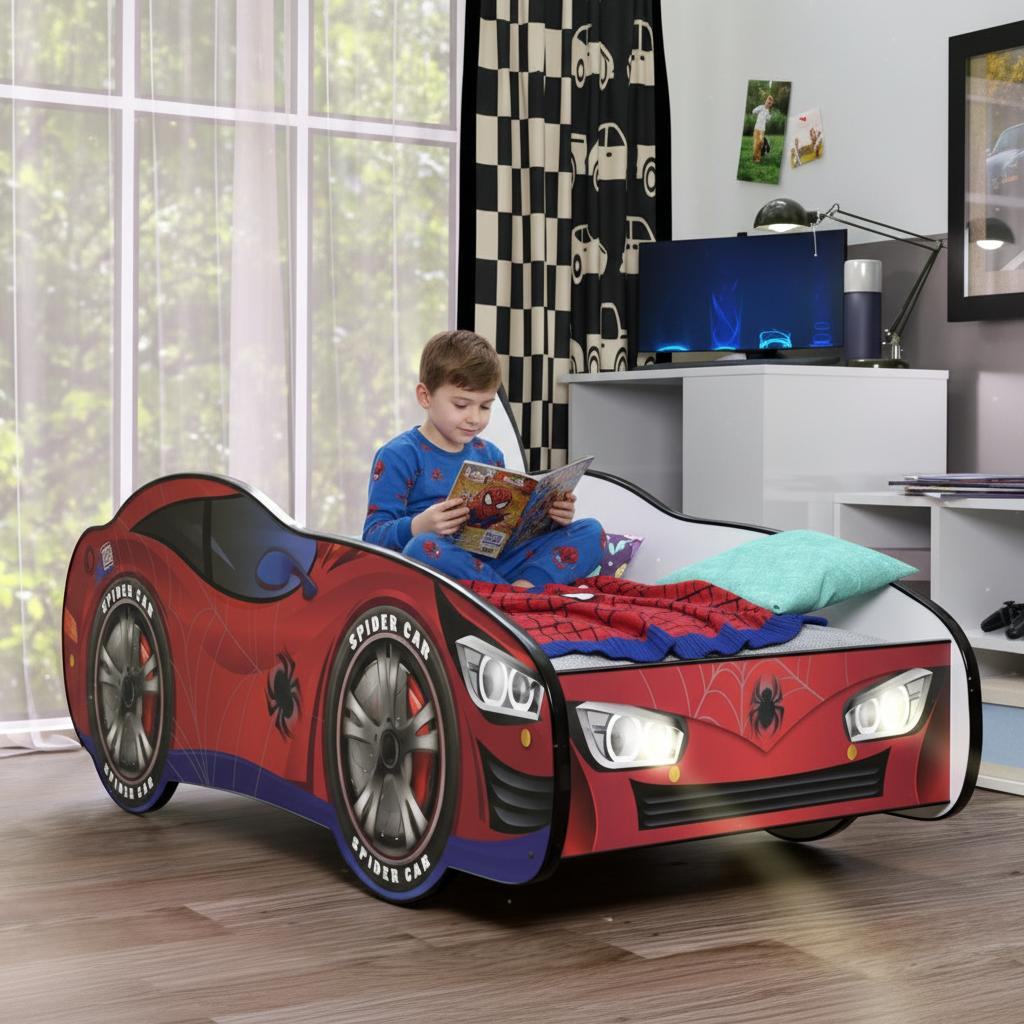Bambino legge fumetto Spider-Man su letto atmosfera accogliente