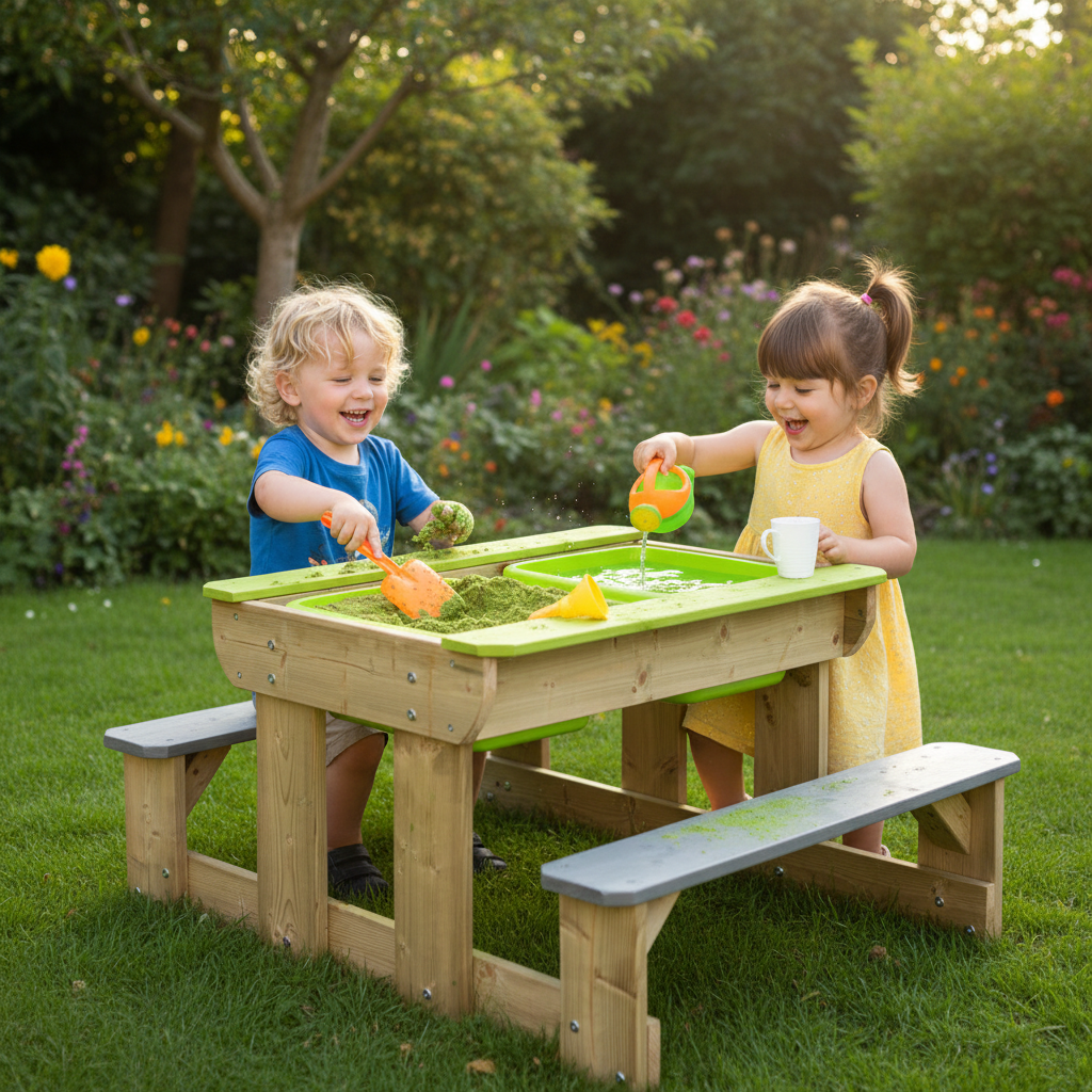 Bambini che giocano al tavolo picnic T2 con sabbiera e acqua in giardino
