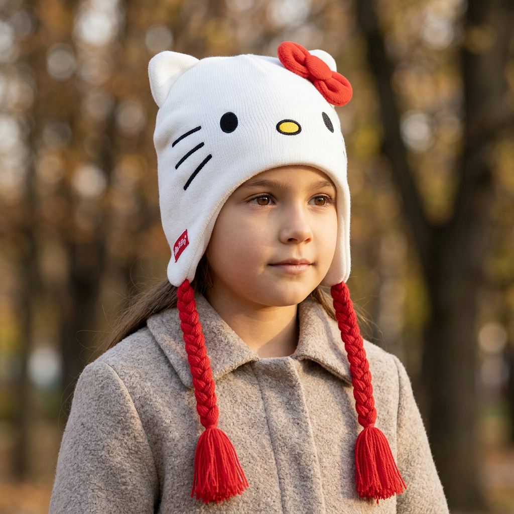Cappello Hello Kitty con trecce rosse, ritratto all'aperto