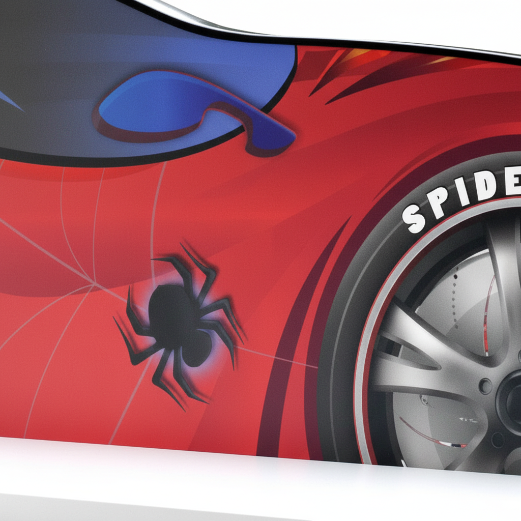 Dettaglio scritta SPIDER CAR e branding mensola