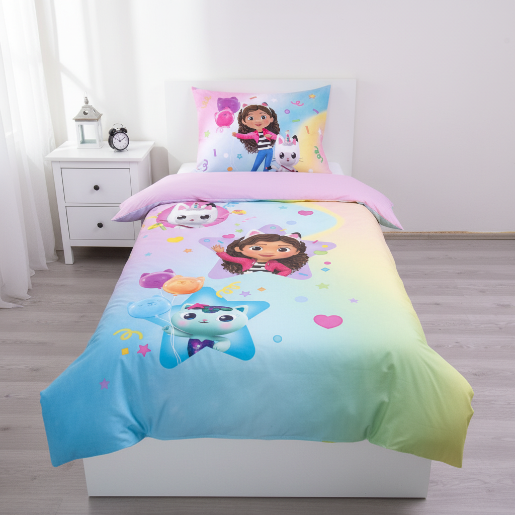 Dettaglio set letto Gabby's Dollhouse doubleface copripiumino arcobaleno pastello