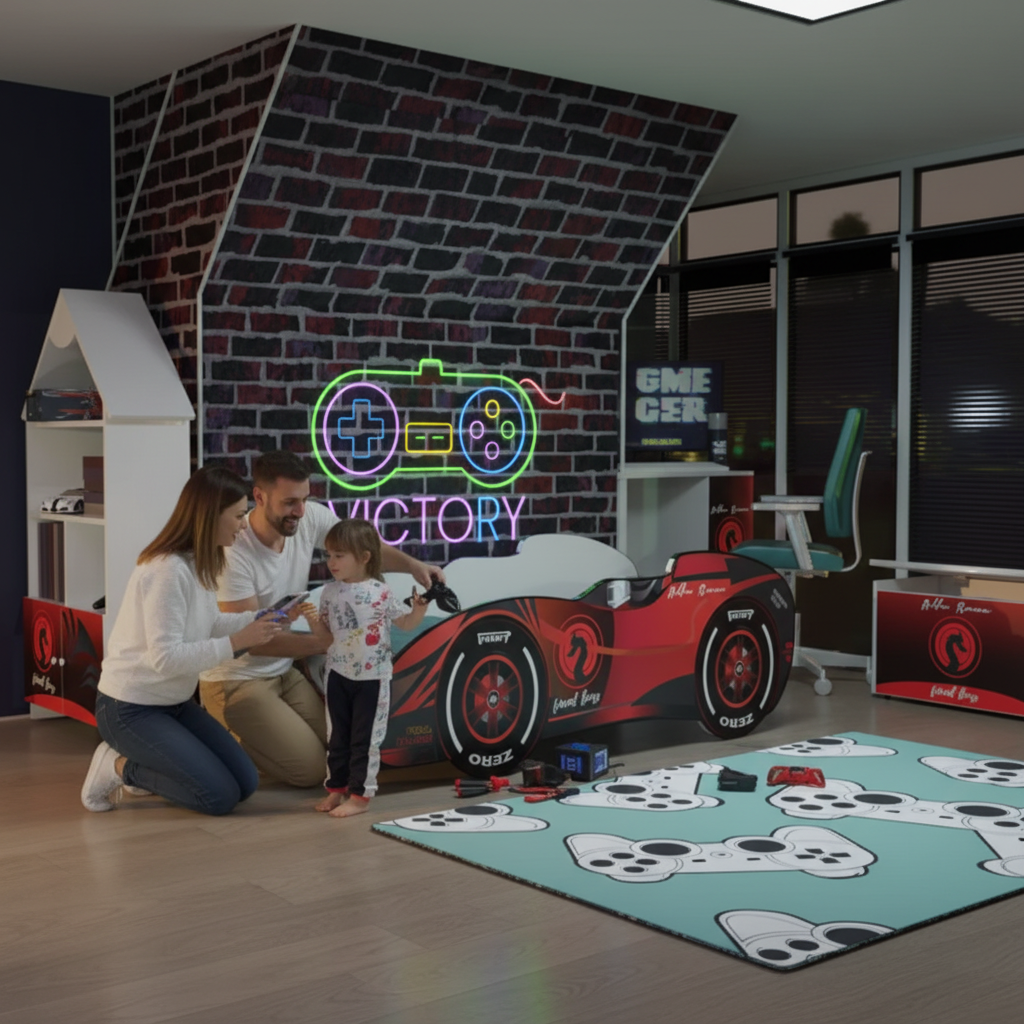 Genitore e bambino montano letto auto F1 Victory Final Boss