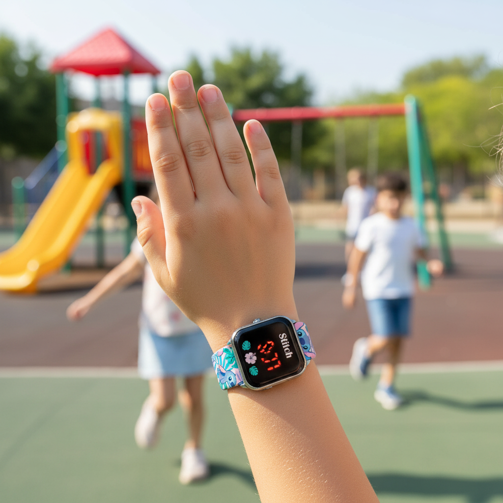Bambino mostra orologio digitale Lilo & Stitch al parco giochi