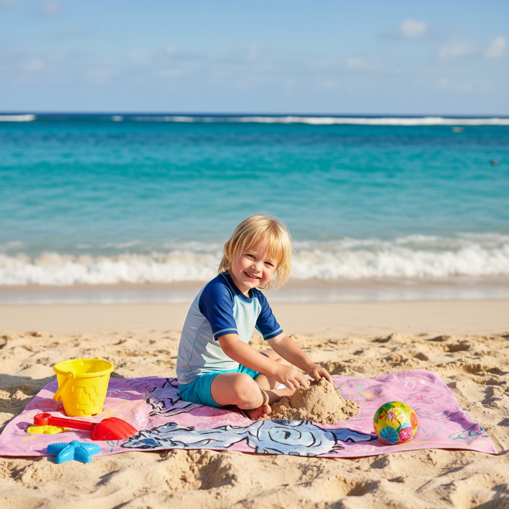 Bambino in spiaggia con telo mare Stitch Angel giocattoli sabbia HD