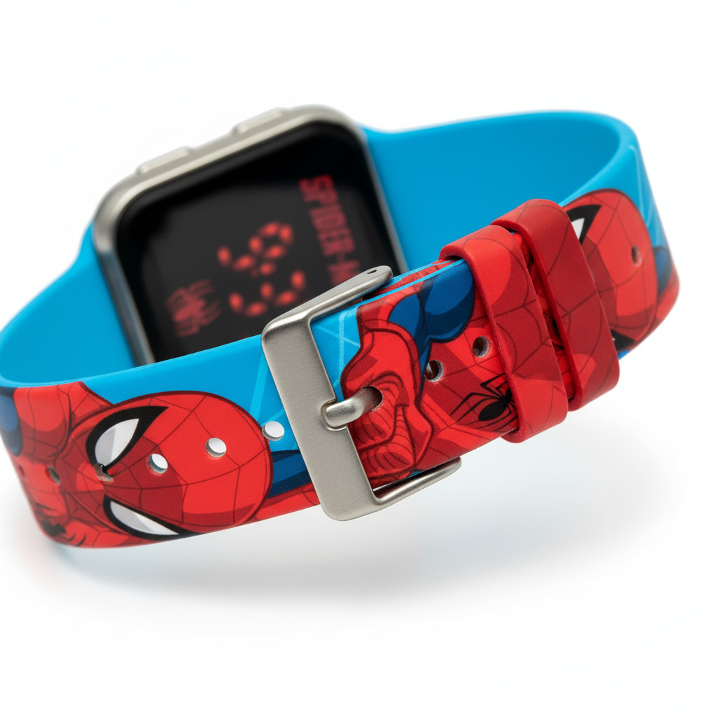 Dettaglio fibbia e chiusura regolabile orologio Spiderman