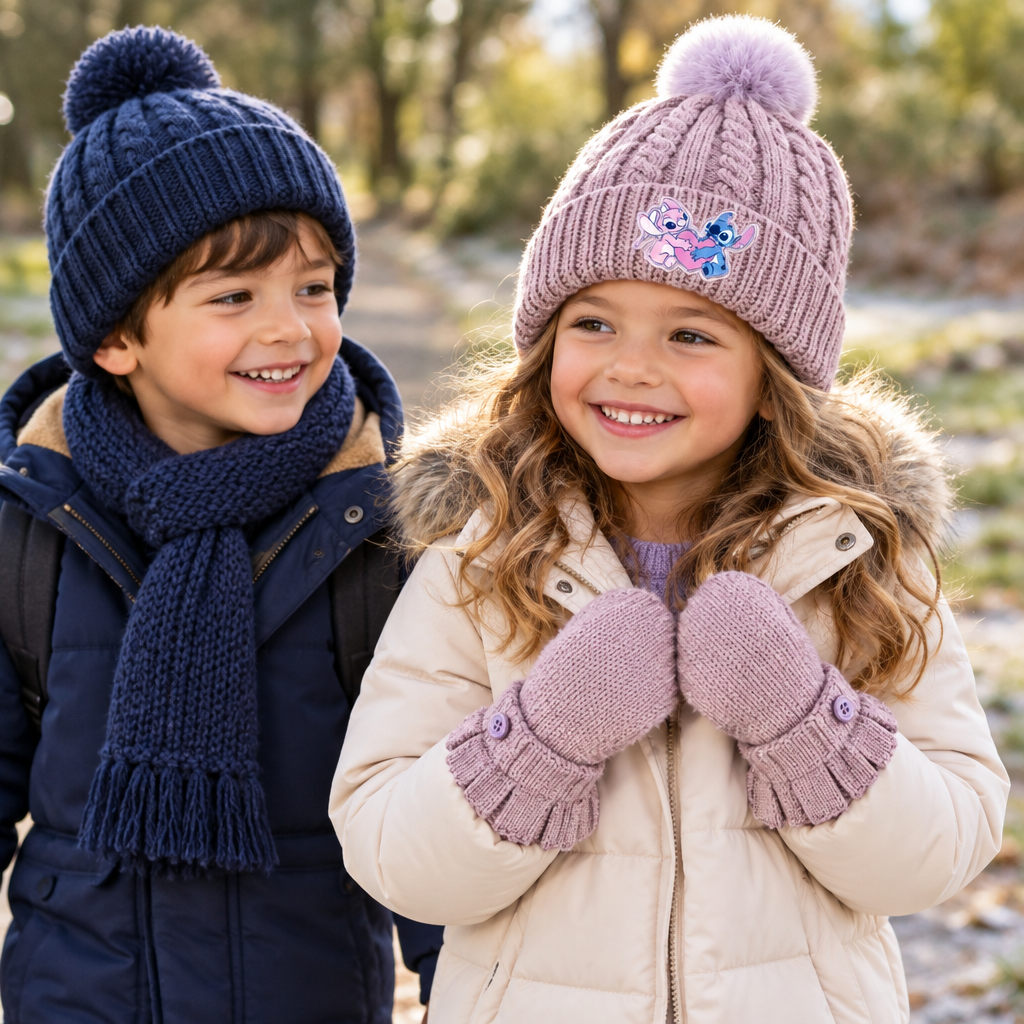Bambini all'aperto con il cappello e le moffole Stitch del set invernale.
