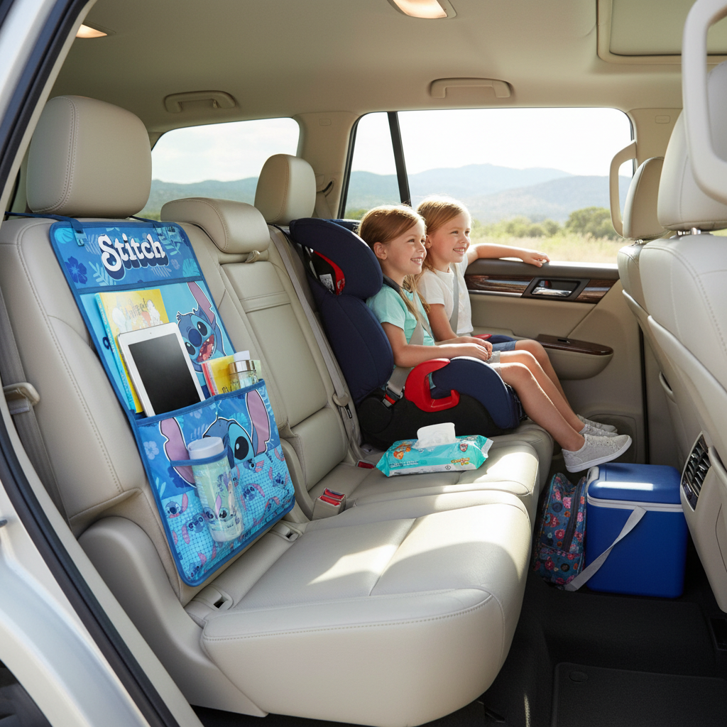 Famiglia felice con auto ordinata grazie a organizer Stitch