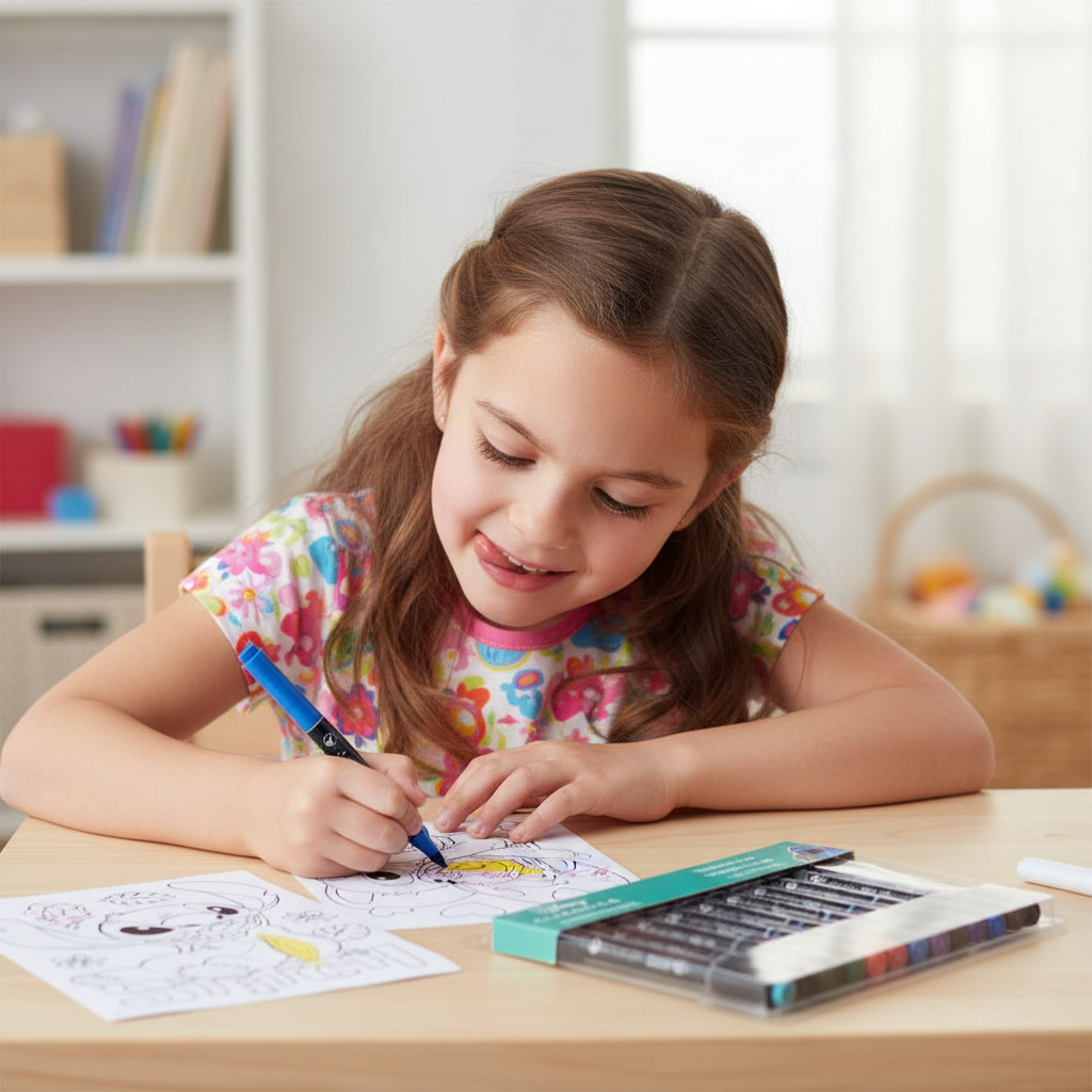 Bambina concentrata colora Stitch con lingua fuori