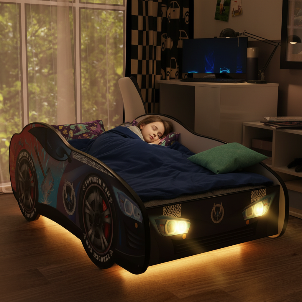 Bambino dorme sereno letto Thunder LED notte luci soffuse