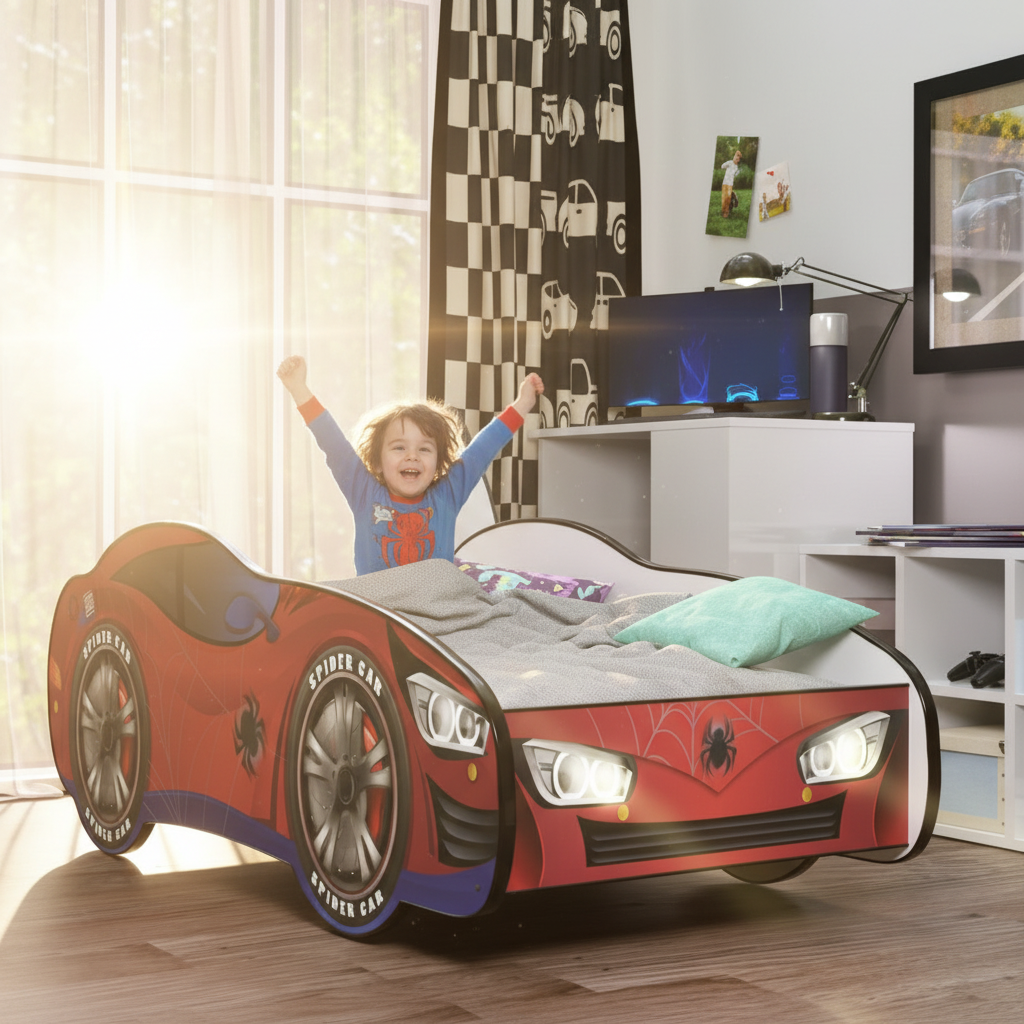 Bambino sveglia mattino letto Spider-Man sole finestra FULL HD