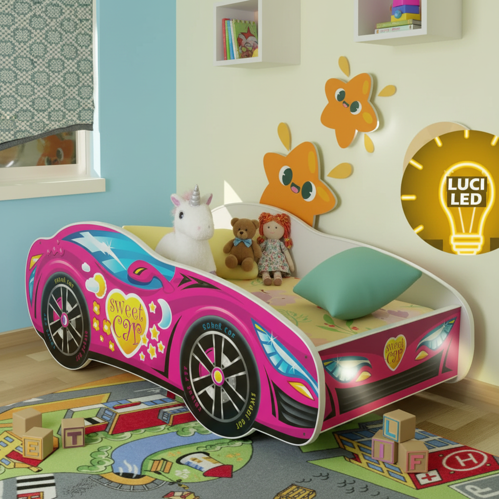 Letto macchina rosa con peluche e decorazioni lifestyle