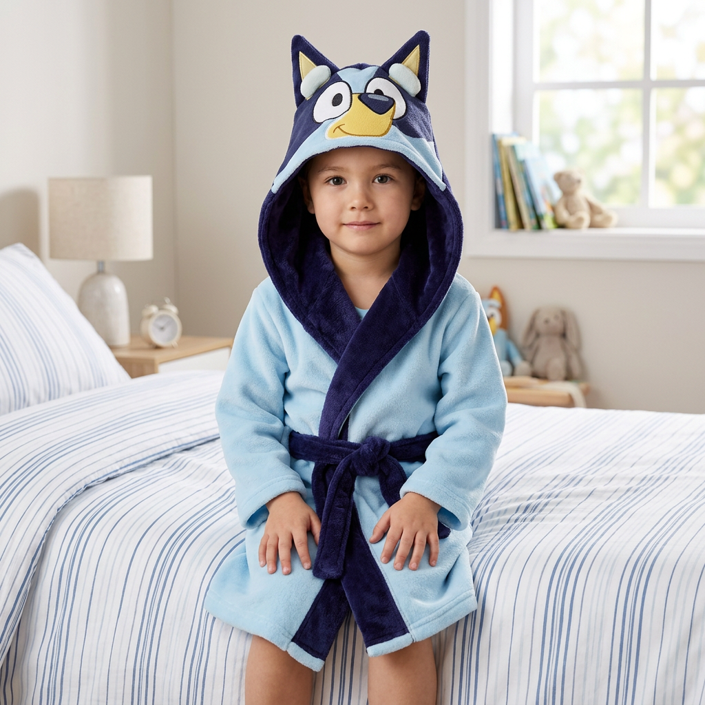 Accappatoio Bluey azzurro e blu indossato sul bordo del letto