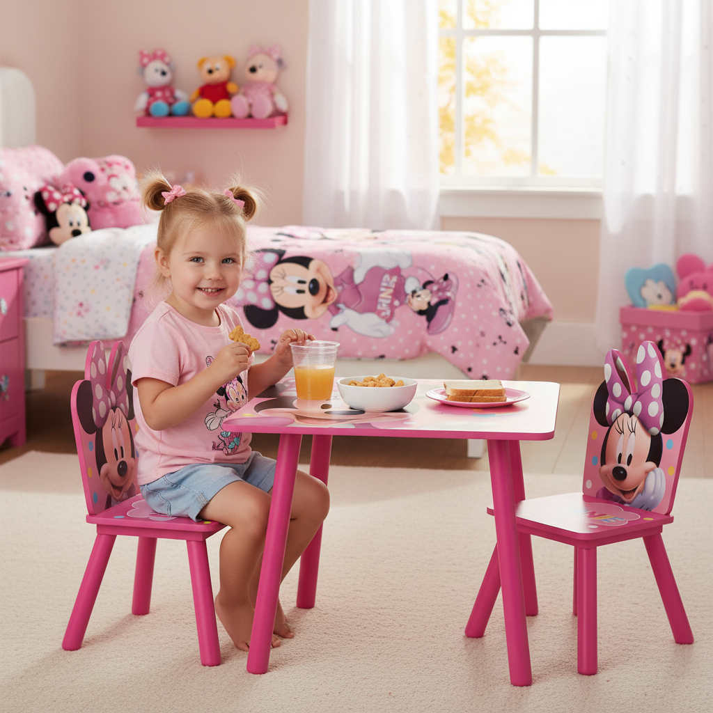 Bambina fa merenda seduta al tavolo Minnie Mouse