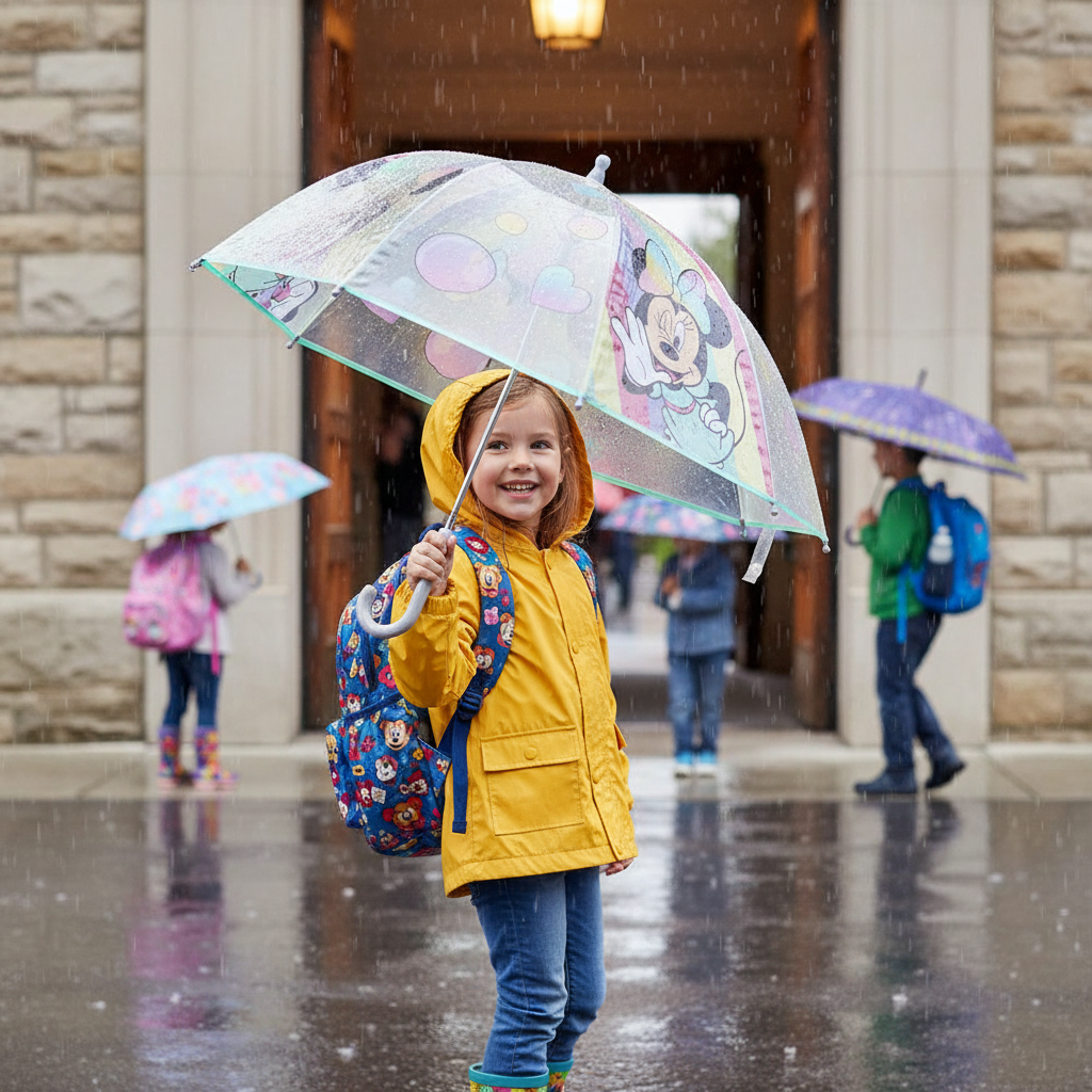 Bambina con ombrello Minnie trasparente all'uscita da scuola