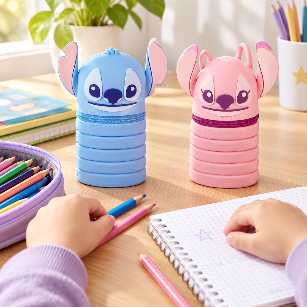 Astucci 3D celeste e rosa su un banco di scuola con quaderno e colori