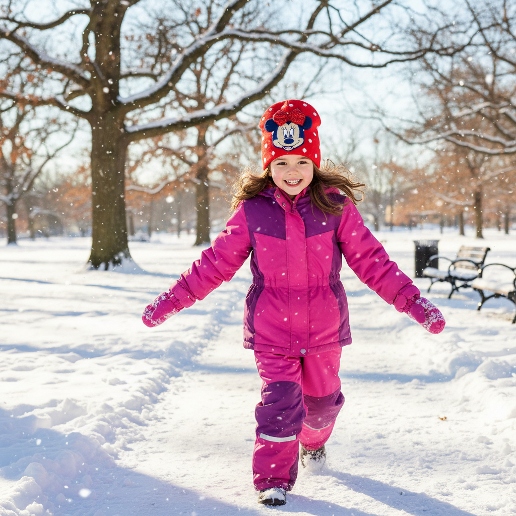 Bambina con cappello Minnie rosso corre felice in parco invernale