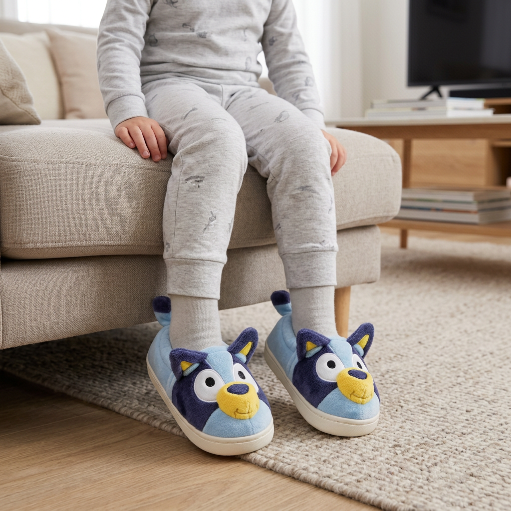 Pantofole Bluey 2300006984 indossate, momento sul divano