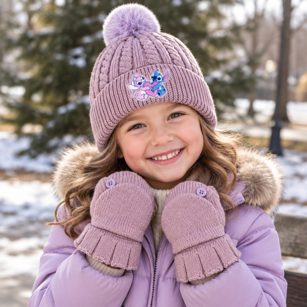 Bambino con cappello Stitch e moffole coordinati durante una passeggiata al parco.