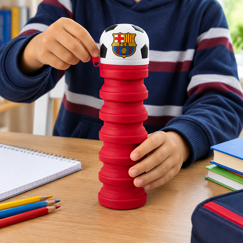 Astuccio allungabile rosso FC Barcelona accanto a uno studente che fa i compiti