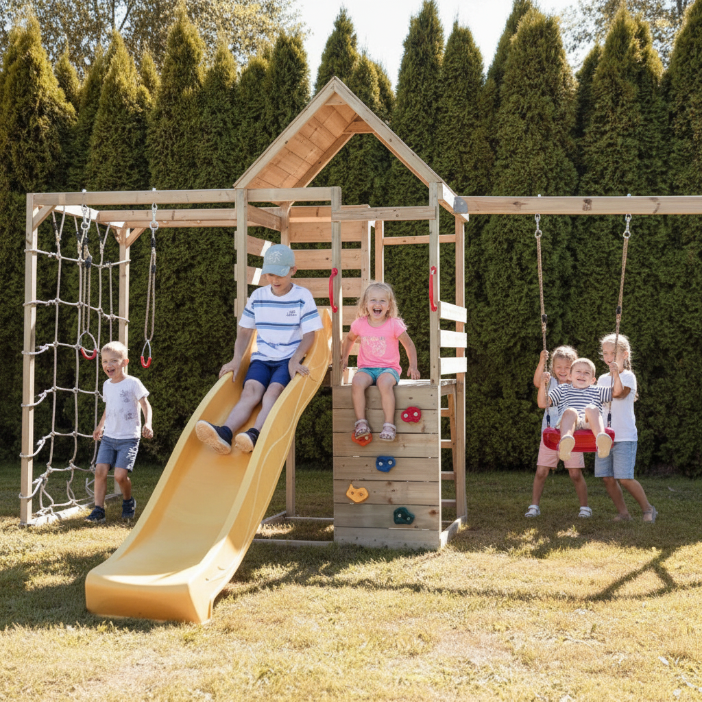 Bambini che giocano sul parco giochi M41 con scivolo giallo e altalena