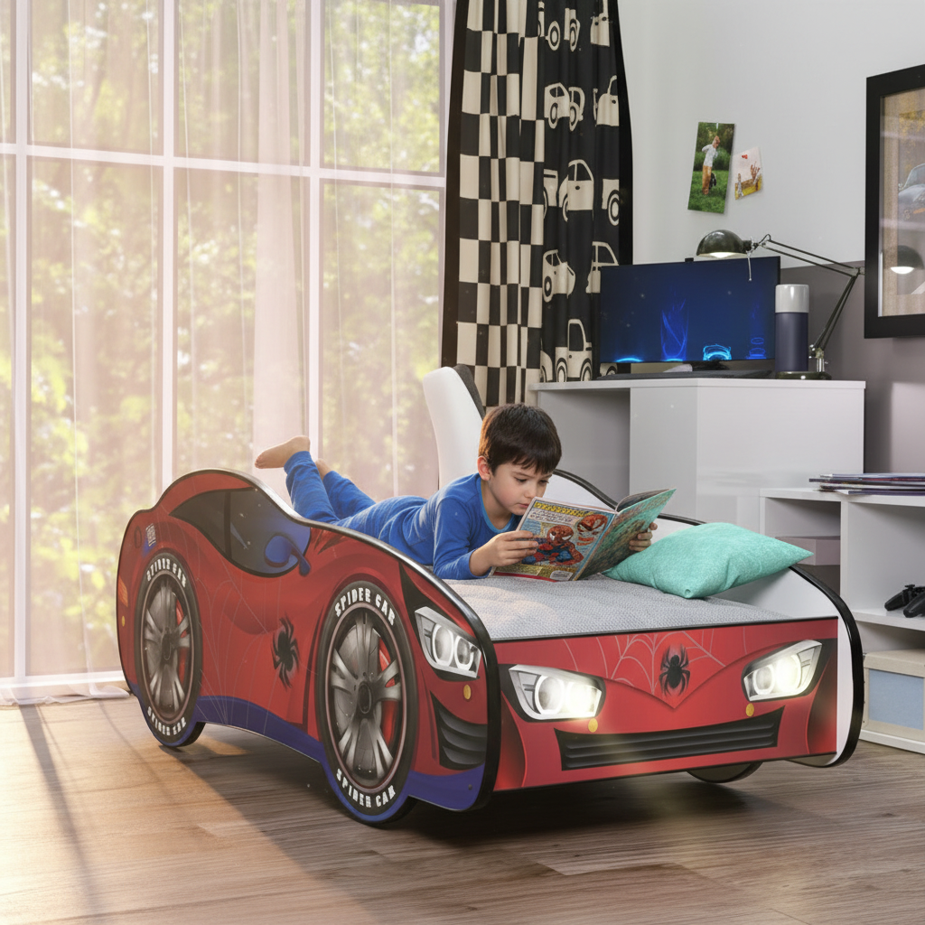 Bambino legge fumetto Spider-Man su letto atmosfera accogliente FULL HD