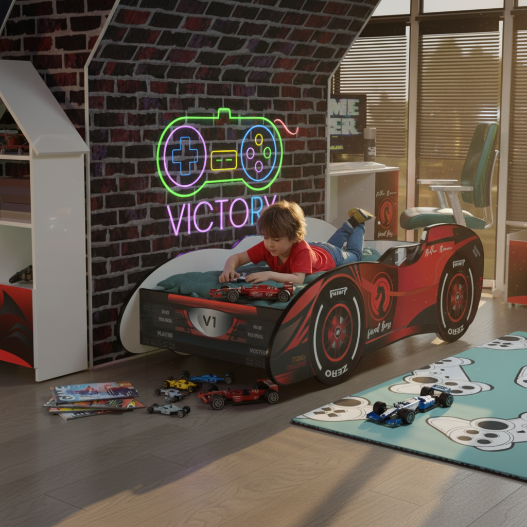 Bambino gioca con macchinine sul letto F1 Victory Final Boss