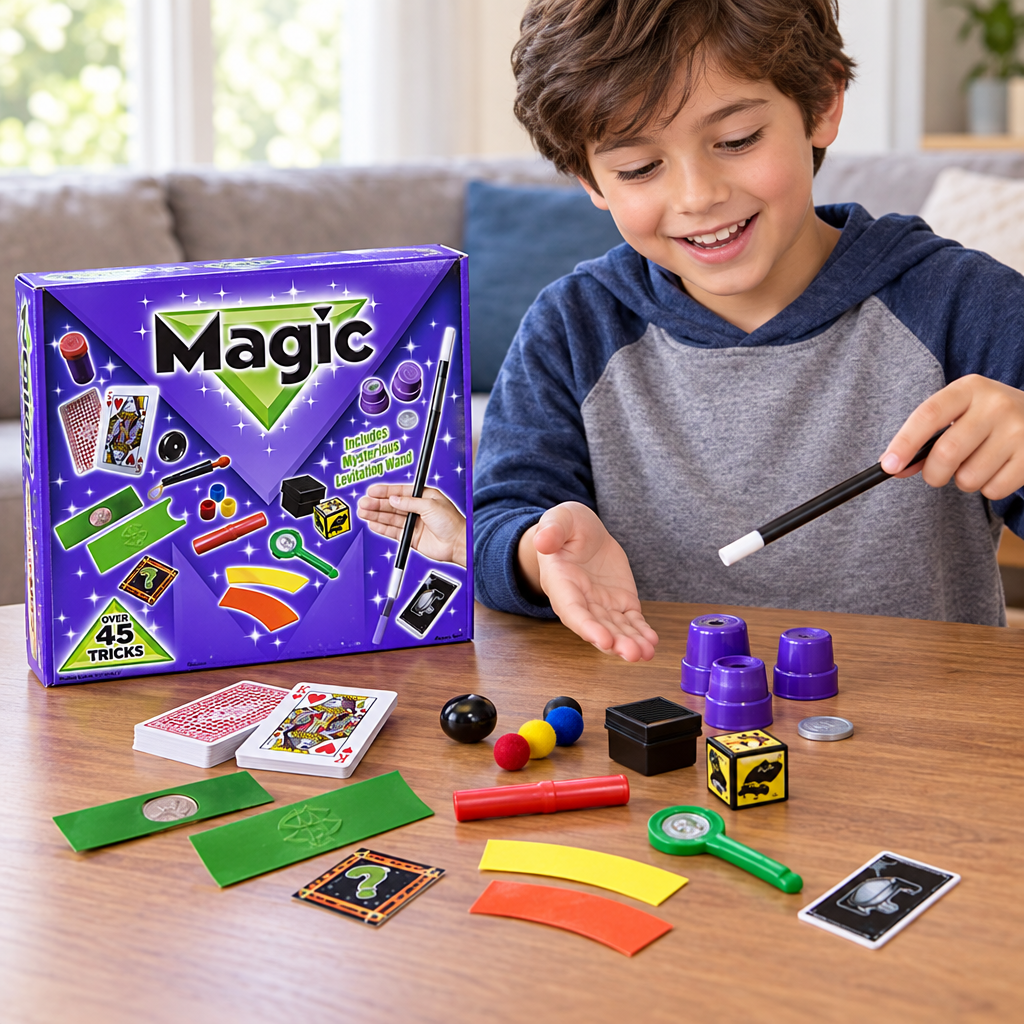 Scatola viola e verde del set di magia con accessori per un gioco in famiglia