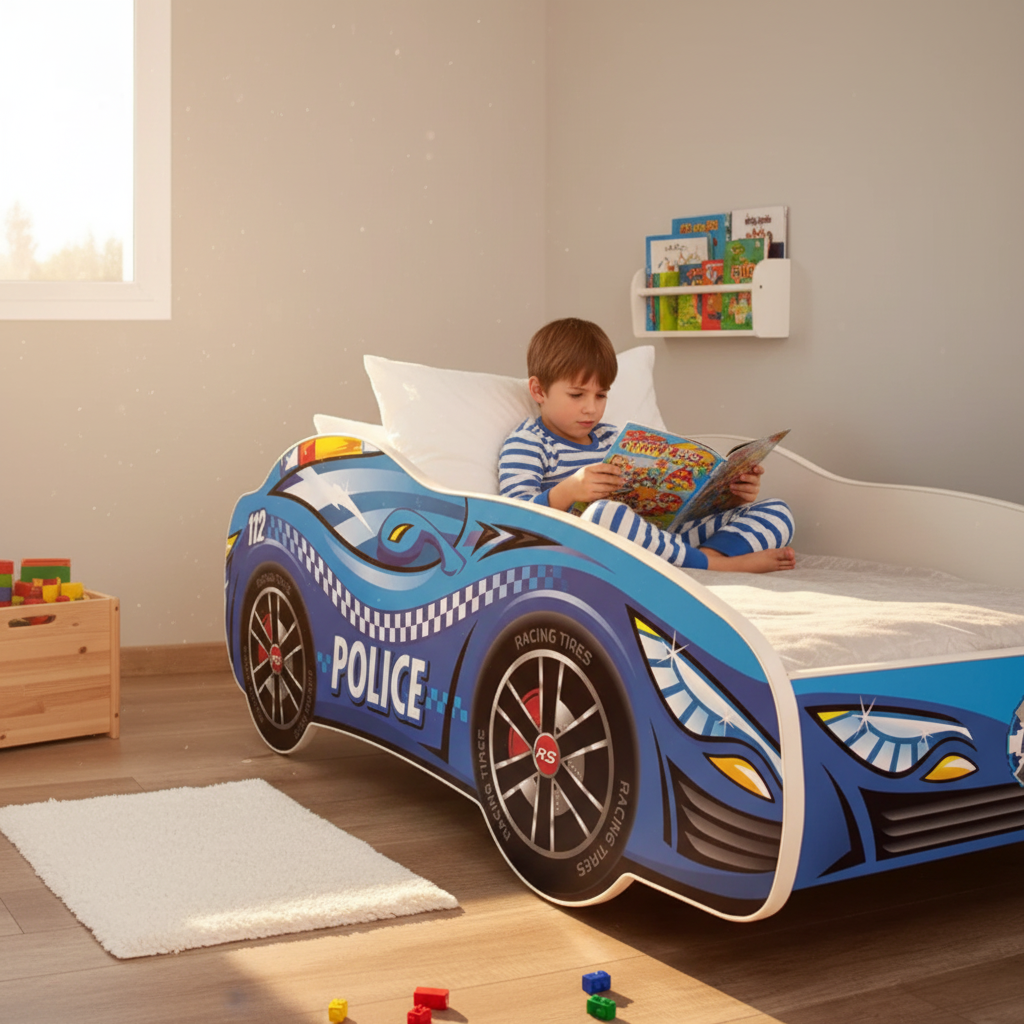 Bambino legge fumetti sul letto auto polizia