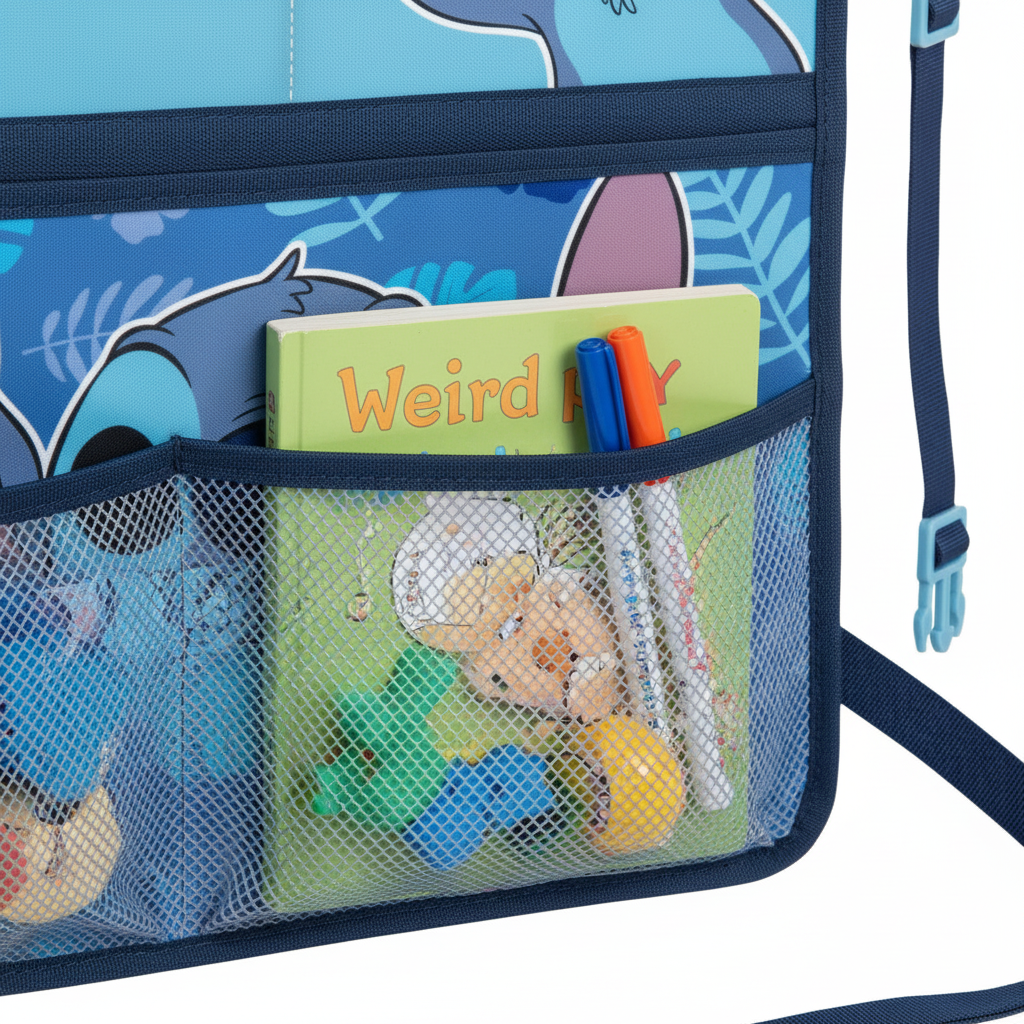 Dettaglio tasche mesh e trasparenti organizer