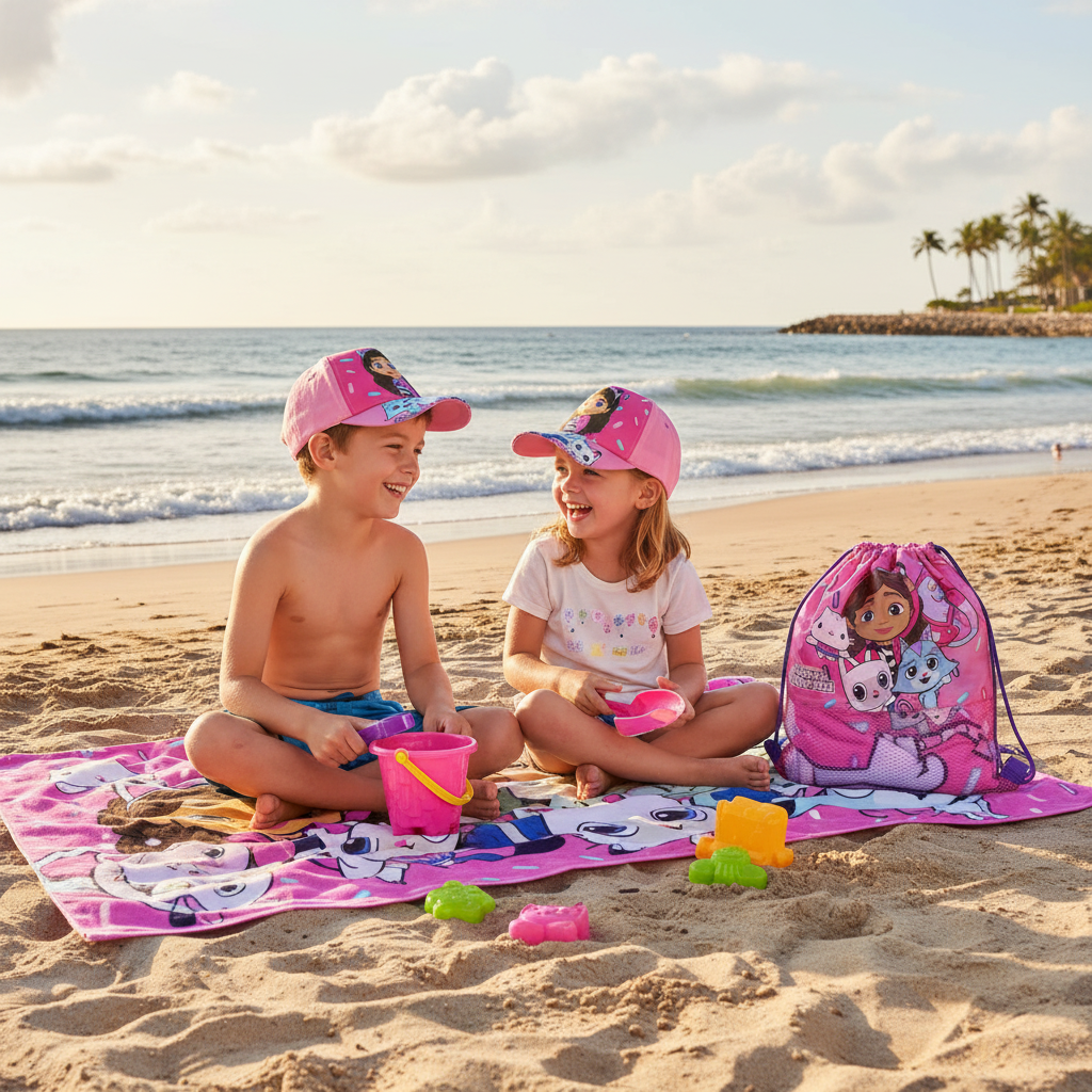 Due bambine che condividono telo mare rosa Gabby's Dollhouse in spiaggia
