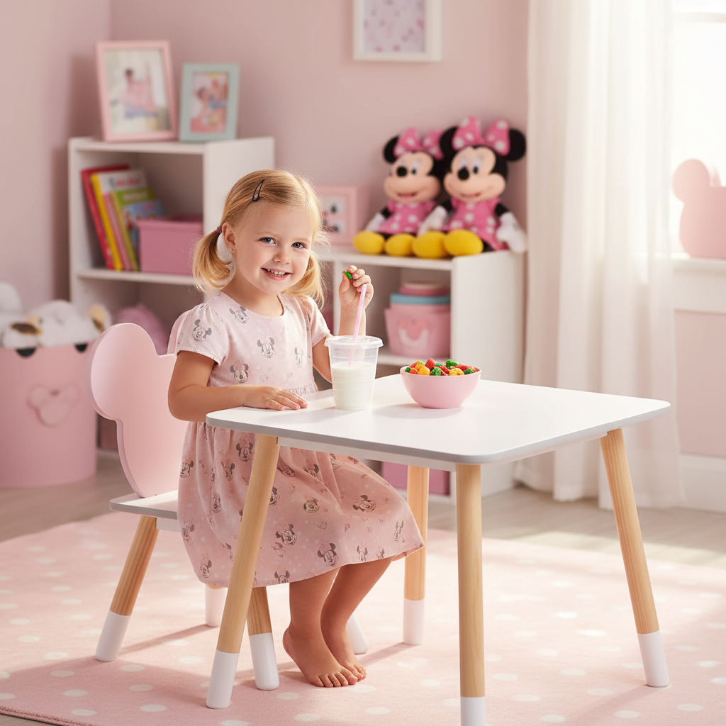 Bambina fa merenda seduta al tavolo Minnie Mouse bianco