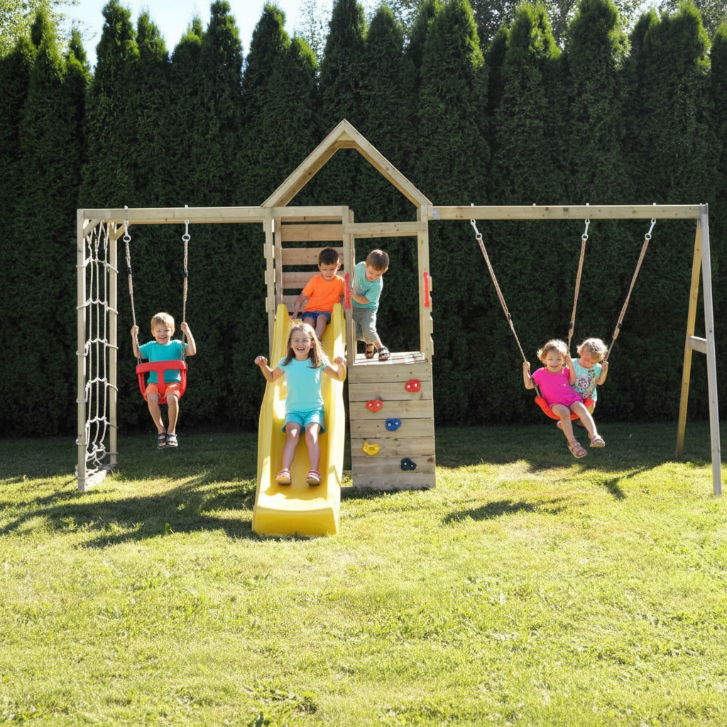 Bambini che si arrampicano sulla parete e anelli del modulo palestra M42