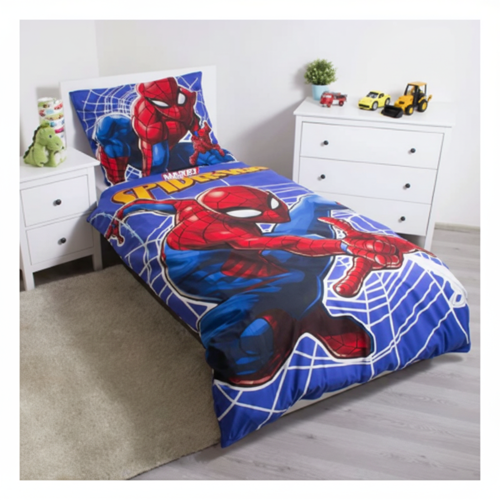 Close-up design glowing effect set letto Spiderman cotone