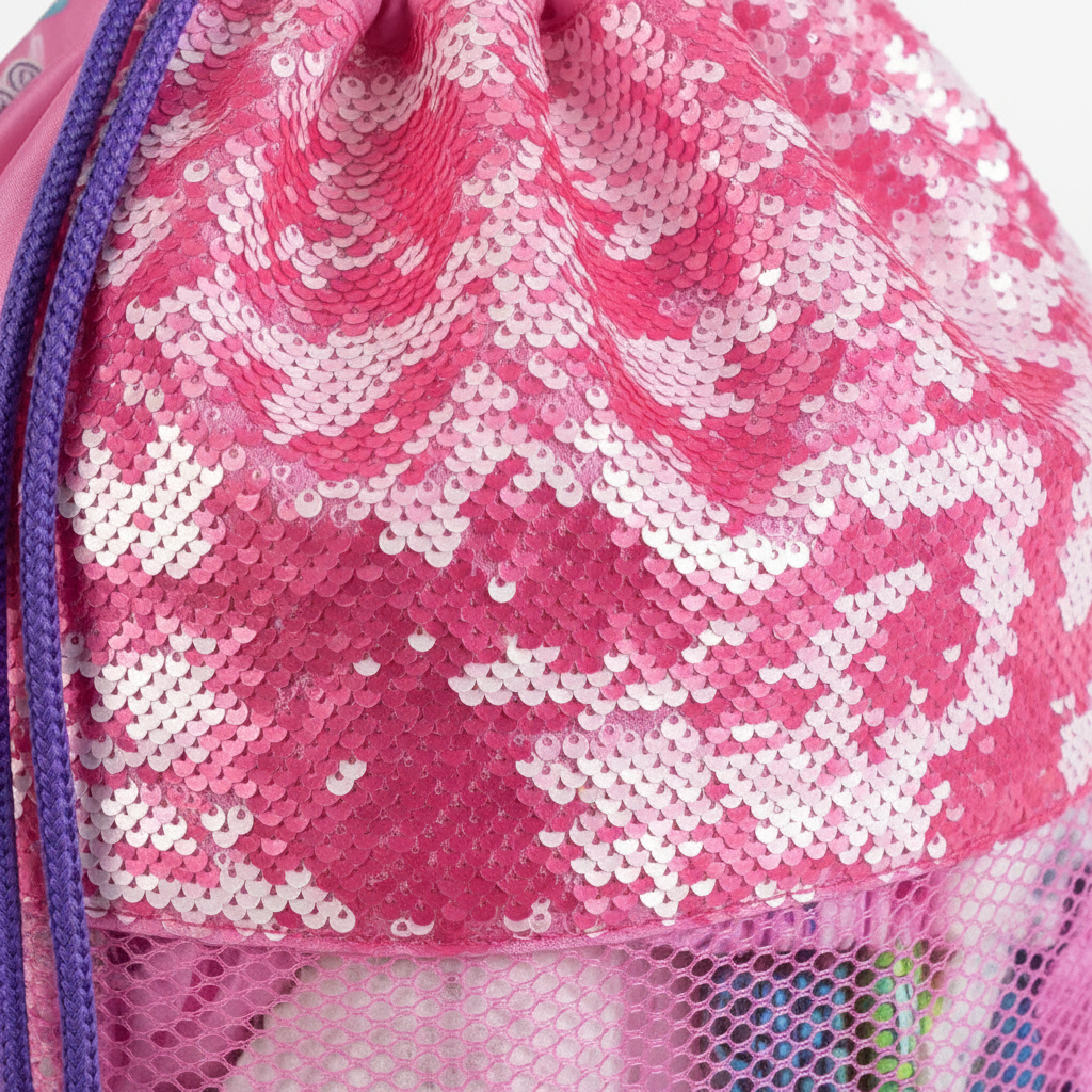Dettaglio texture paillettes reversibili rosa e bianche della sacchetta