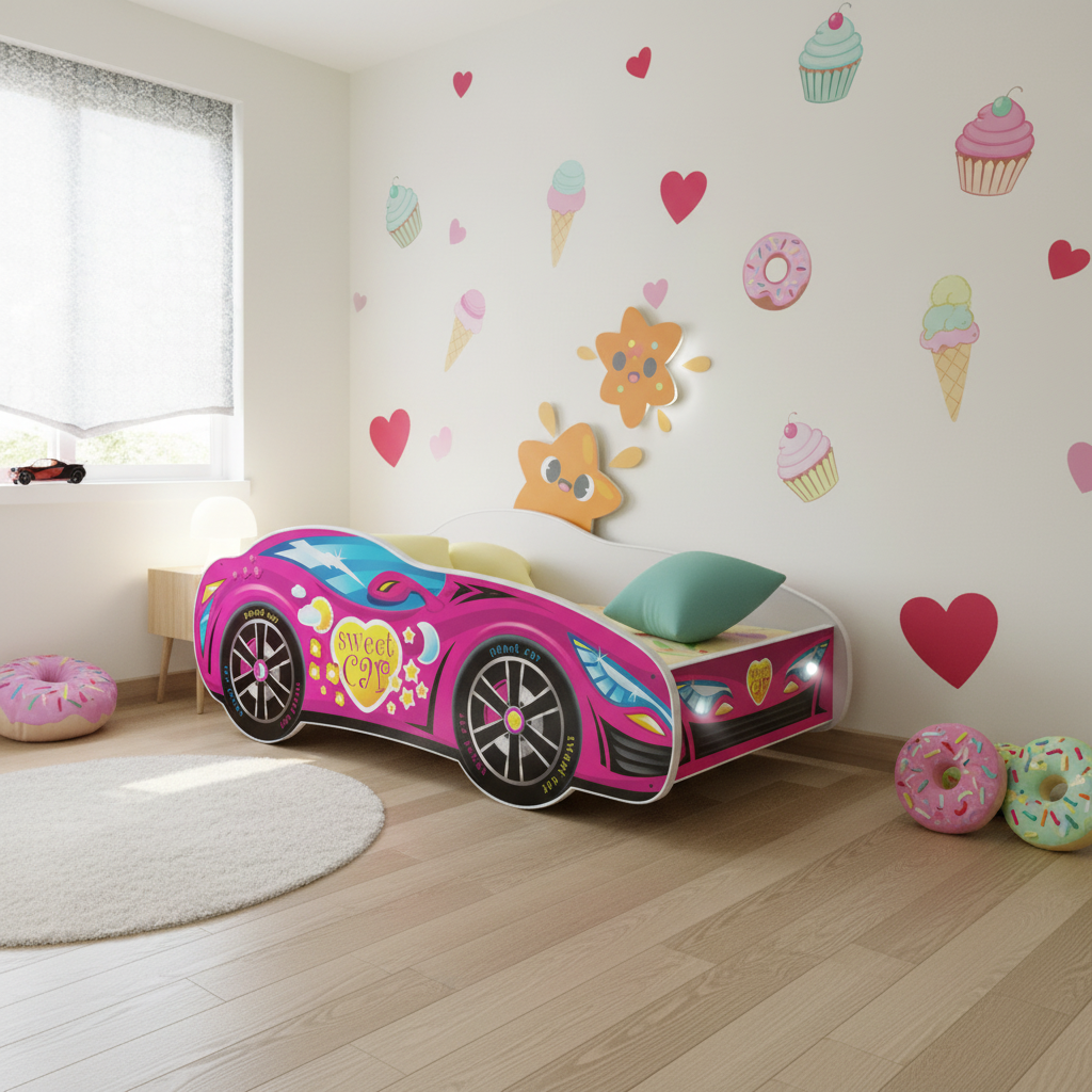 Vista prospettica letto Sweet Car in cameretta moderna