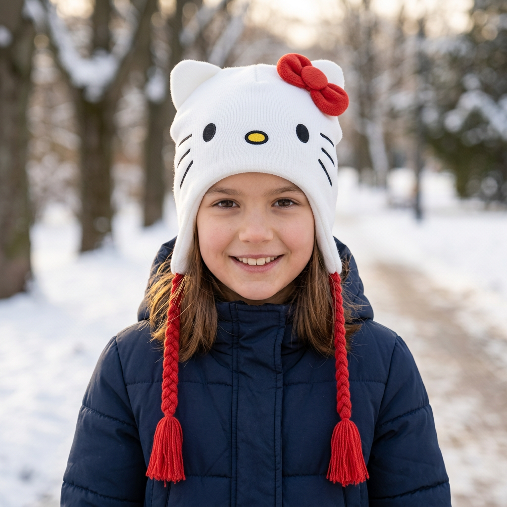 Cappello Hello Kitty con fiocco rosso, ritratto lifestyle