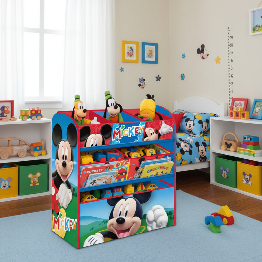 Cameretta ordinata con organizer Mickey Mouse colorato con giocattoli