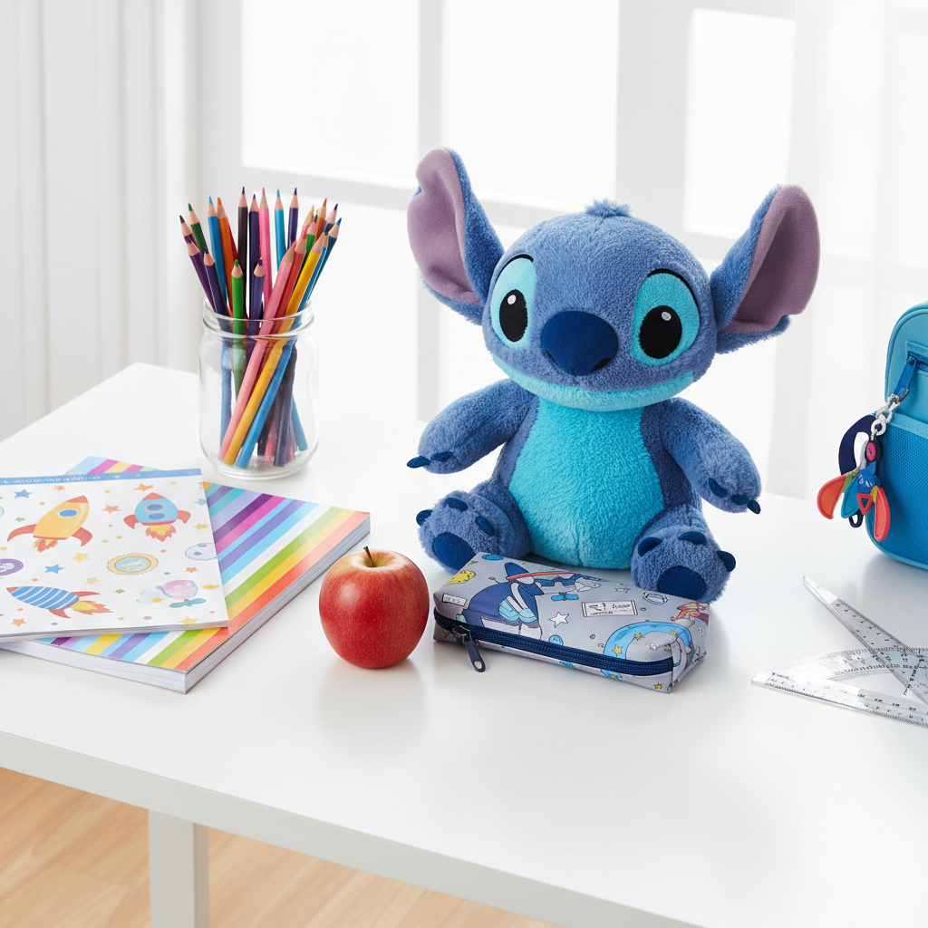 Peluche Stitch su scrivania con materiale scolastico