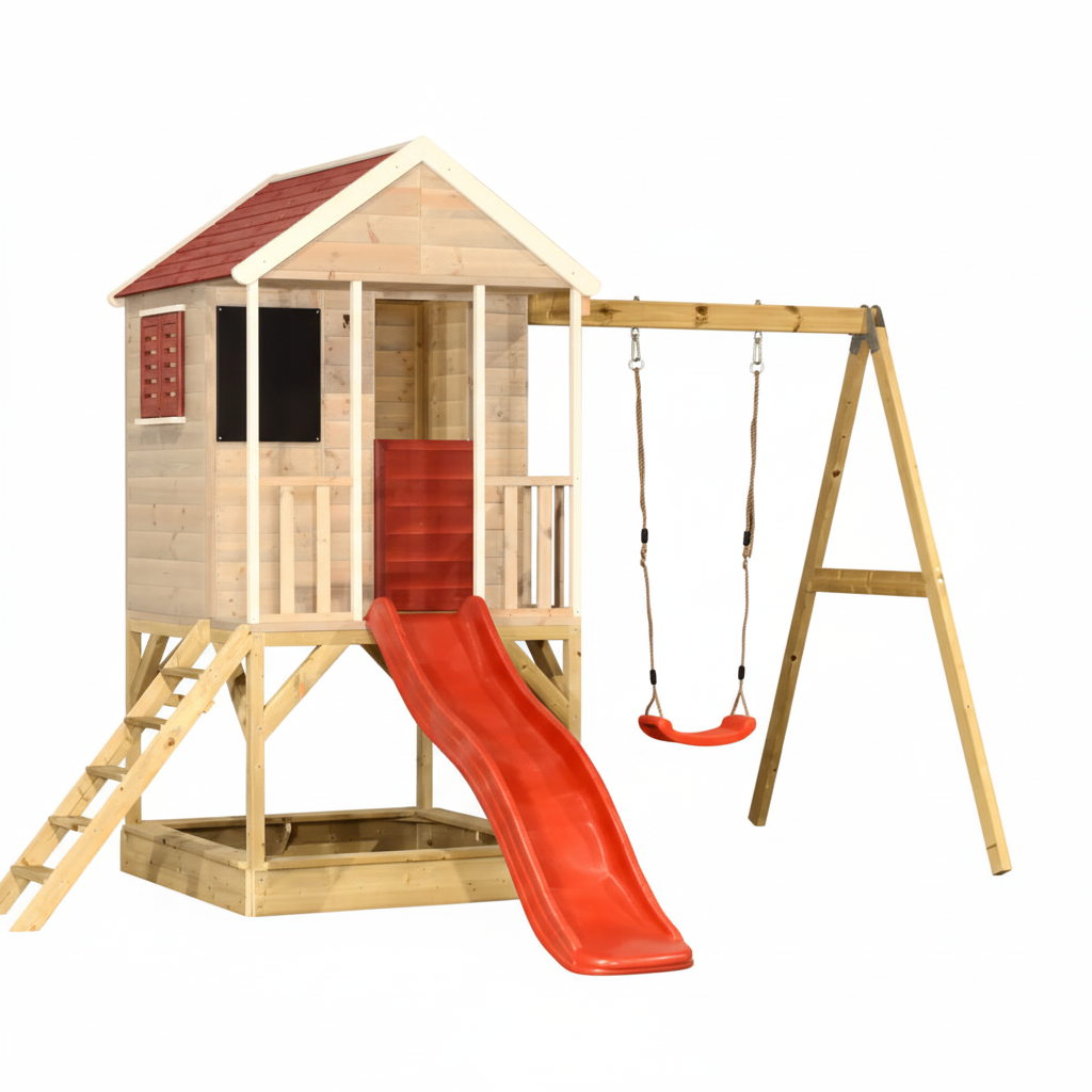 Playhouse M9 con scivolo rosso e altalena certificata