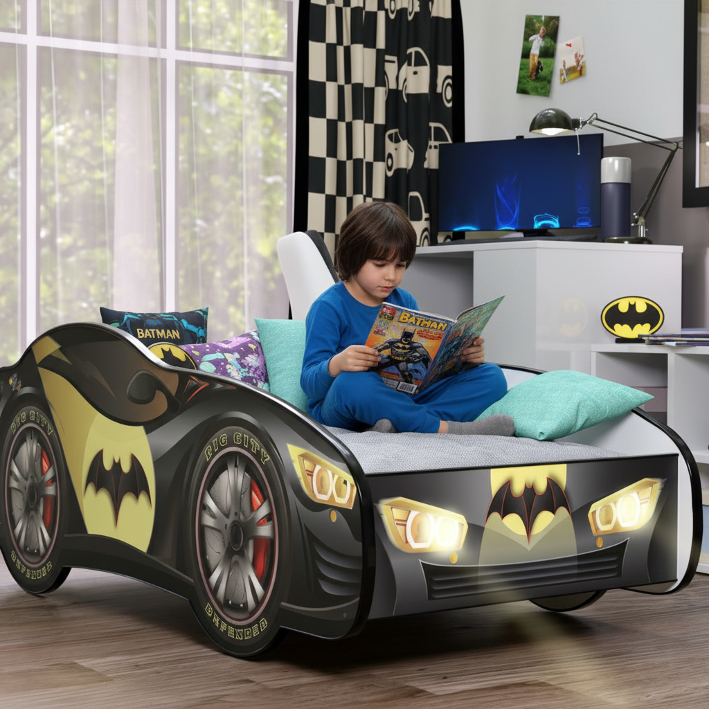 Bambino che legge fumetti Batman sul letto con LED accesi