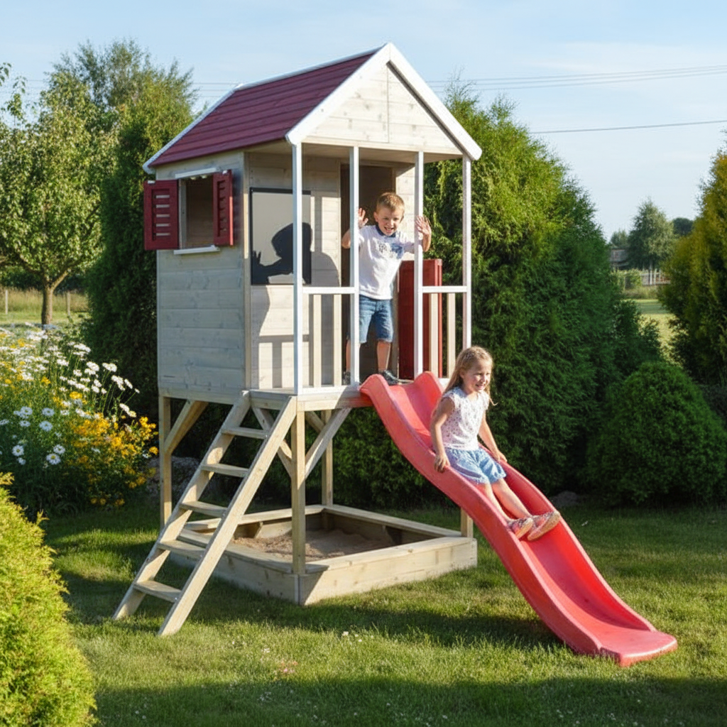 Casetta in legno M7 con scivolo rosso in giardino - bambini che giocano