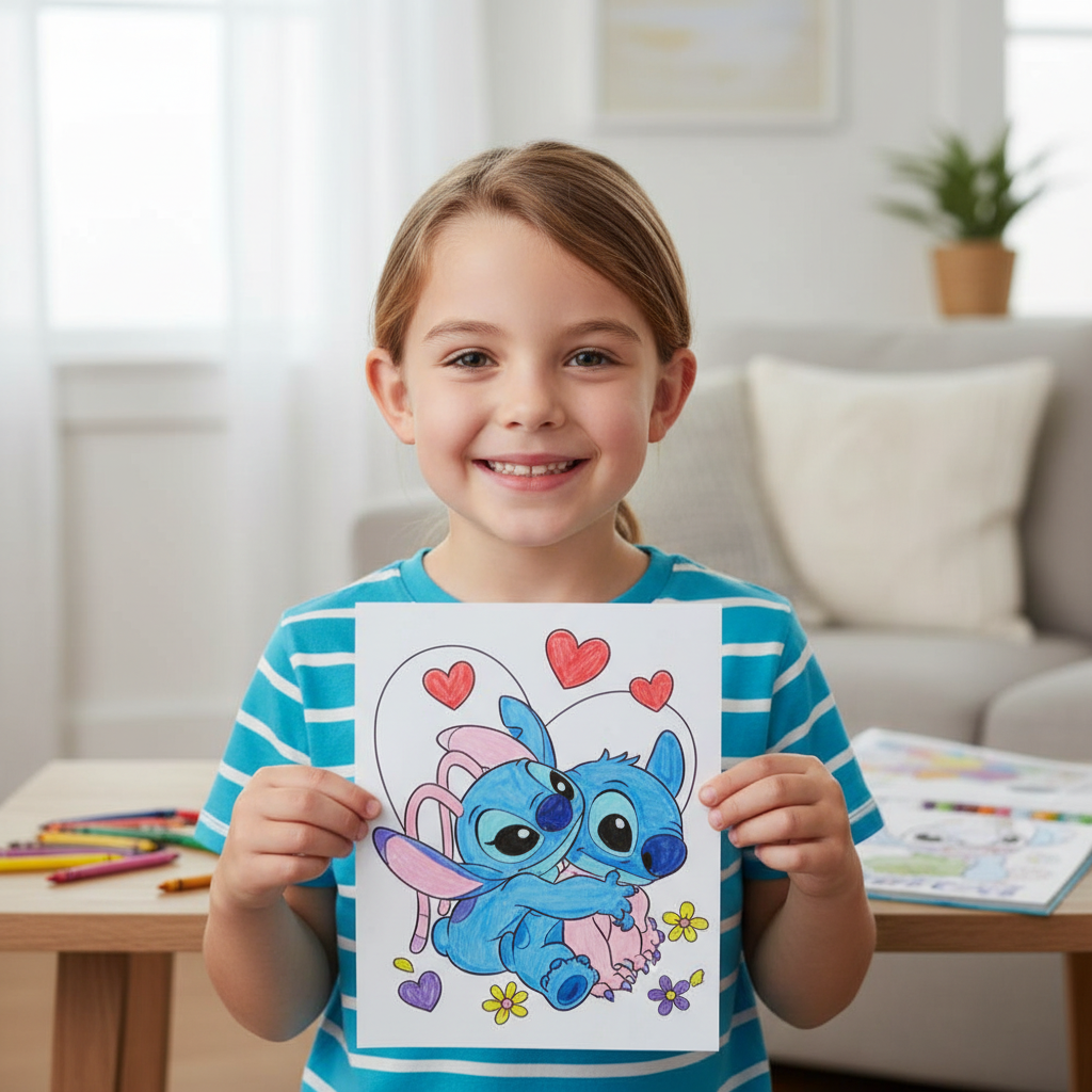 Bambino mostra orgoglioso disegno Stitch completato