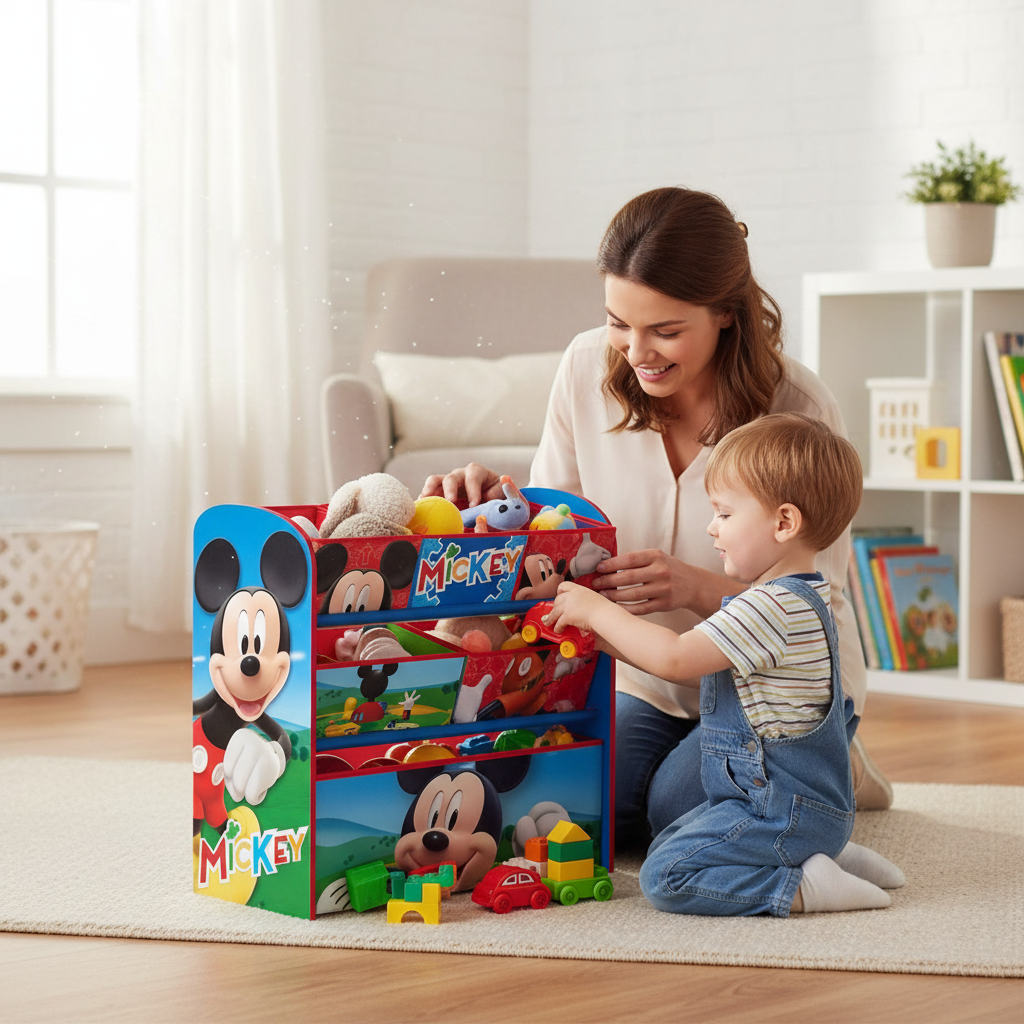 Mamma e bambino organizzano giocattoli insieme nell'organizer Mickey